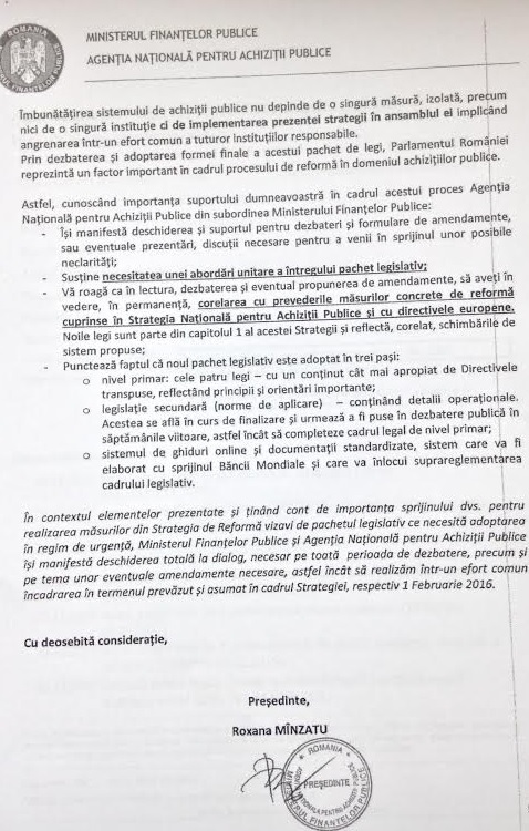 DOCUMENT: ANAP atenționează că banii UE pot fi blocați dacă parlamentarii întârzie adoptarea legilor de achiziții