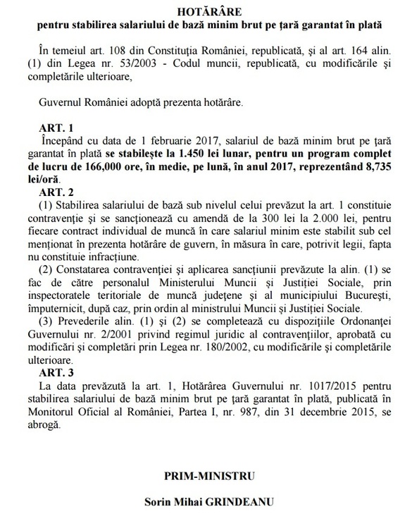 DOCUMENT Salariul minim urcă la 1.450 lei de la 1 februarie 2017