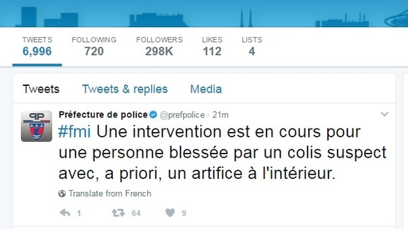 Imagine cu anunțul din urmă cu câteva minute al poliției pariziene