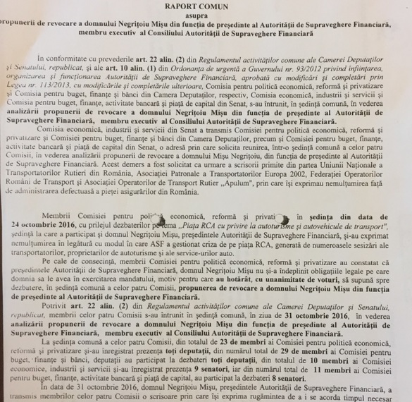 DOCUMENT Conducerea Parlamentului discută astăzi revocarea șefului ASF, Mișu Negrițoiu