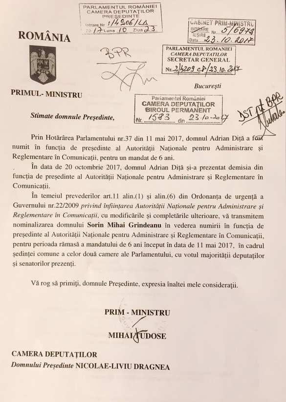 DOCUMENT Premierul Tudose l-a nominalizat pe Grindeanu la șefia arbitrului pieței de telecomunicații