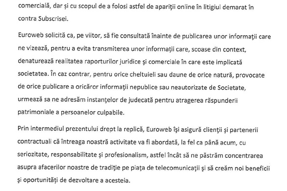 Euroweb: Condițiile de concurență pe piața telecom au devenit extrem de dificile. Au fost introduse măsuri pentru a limita pierderile excesive, evitând dizolvarea. UPDATE Precizările Euroweb