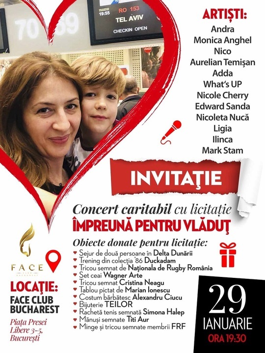 Concert caritabil “Împreună pentru Vlăduț” la Face Club Bucharest, marți, începând cu ora 19:30. Vlăduț are 6 ani și a fost diagnosticat cu Neuroblastom grad IV cu metastaze osoase