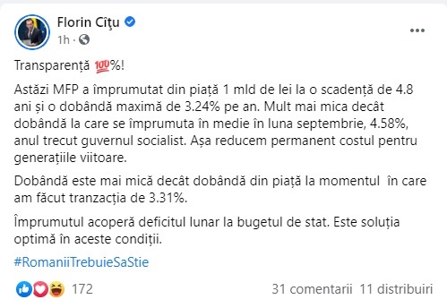 Facebook-ul lui Cîțu, vedetă pe terminalele bancherilor din întreaga lume. Ministrul a anunțat pe Facebook rezultatul unei emisiuni de titluri de stat, înainte ca acesta să fie transmis oficial de BNR sau prin terminalele Bloomberg și Reuters