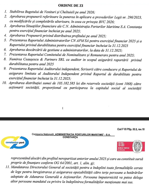 DOCUMENT Ministerul Transporturilor și Fondul Proprietatea ar urma să primească peste 105 milioane de lei de la Administrația Porturilor Maritime Constanța