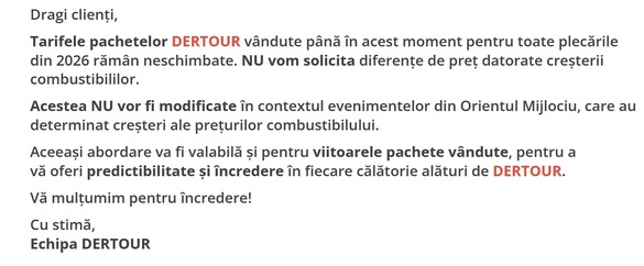 Anunț Dertour în România legat de tarifele de vacanță: Nu vor fi modificări în pofida evenimentelor din Orientul Mijlociu