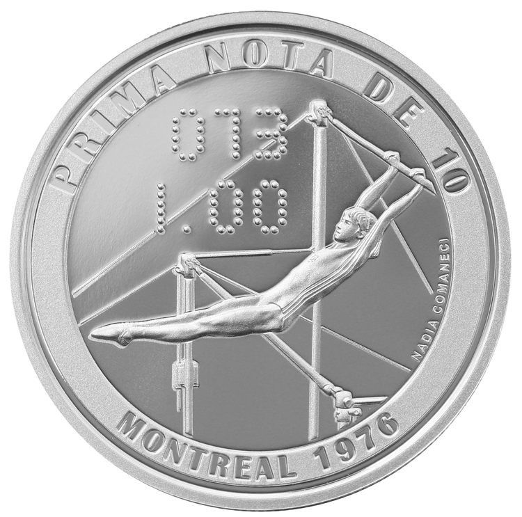 FOTO BNR lansează monede din aur, argint și tombac cuprat în celebrarea primei note de 10 din istoria Jocurilor Olimpice în proba de gimnastică feminină.