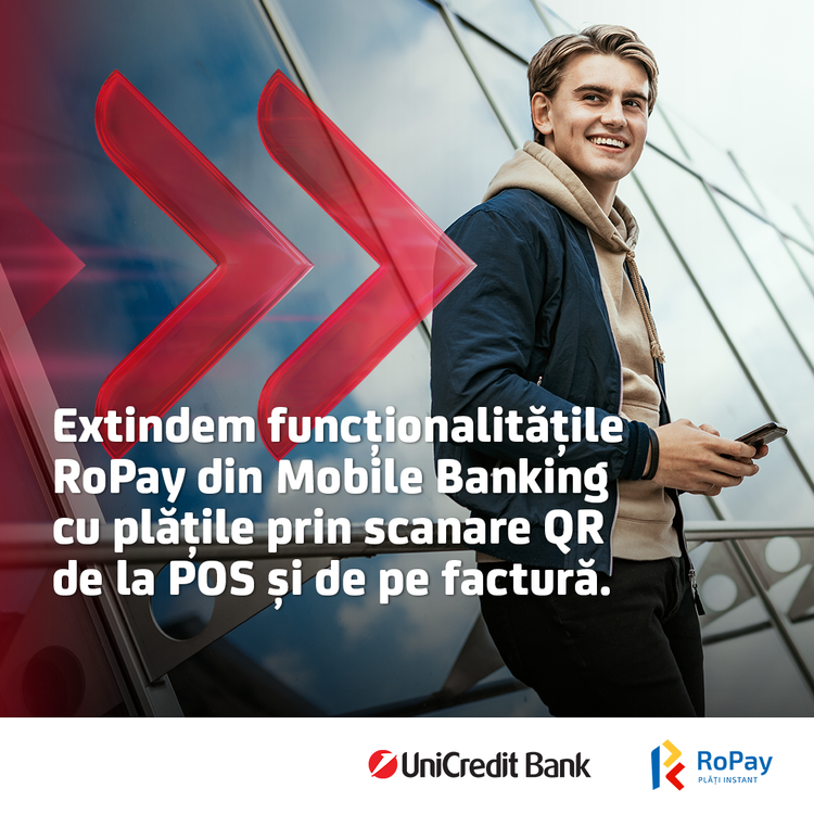 FOTO Plăți instant, fără numerar sau card, folosind exclusiv telefonul mobil și aplicația de Mobile Banking sau Business Mobile. UniCredit Bank extinde funcționalitățile RoPay și lansează plata prin scanare QR de la POS și de pe factură