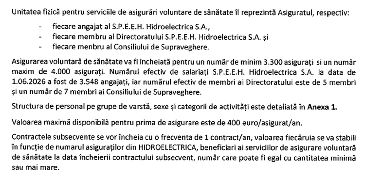 DOCUMENT Hidroelectrica asigură sănătatea pentru aproape 4.000 de angajați. Două oferte, buget de aproape 5 milioane euro