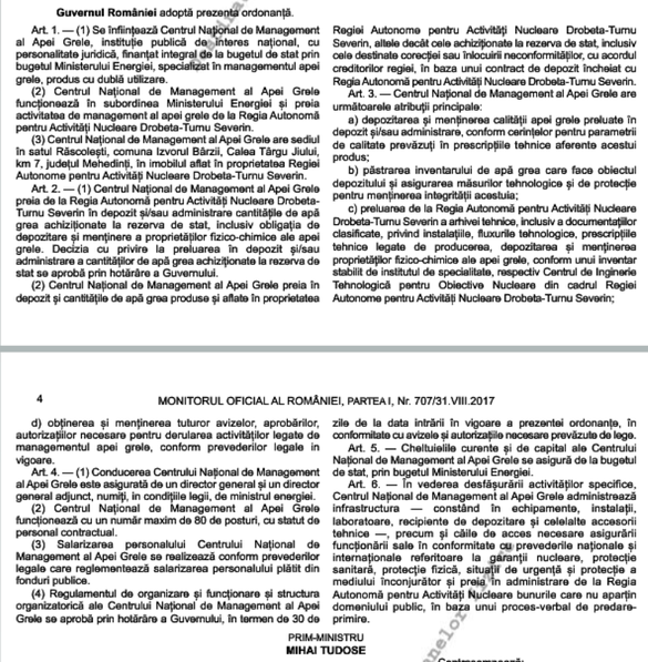 Guvernul a înființat instituția care va prelua apa grea pentru Cernavodă de la Regia Nucleară falimentară. O parte din stocuri sunt gajate la bancă