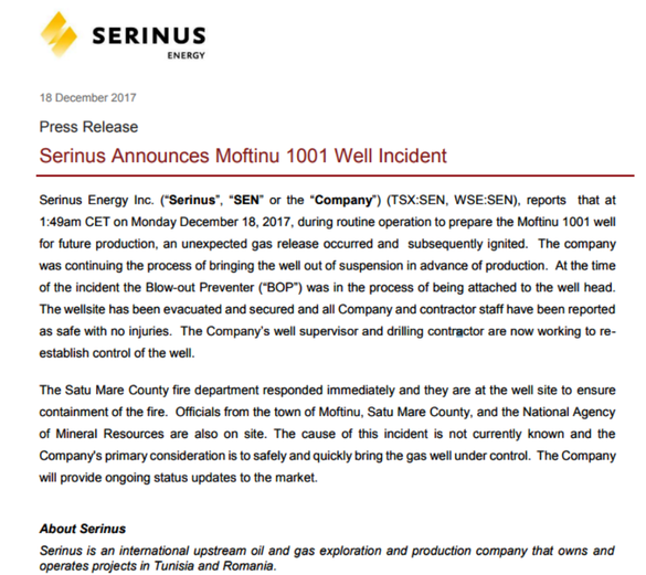 Serinus Energy, operatorul sondei de gaze care a luat foc în Satu Mare, explică pe bursele din Toronto și Varșovia: Valva de protecție a sondei era în curs de a fi instalată