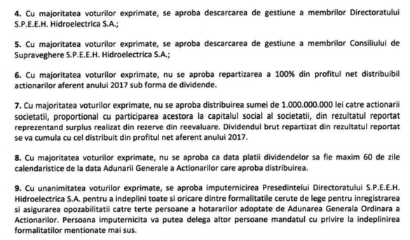 Hidroelectrica va distribui dividende de 90% din profit, respectiv 1,13 miliarde lei. Statul a respins pentru al doilea an la rând pretențiile Fondului Proprietatea