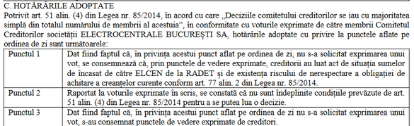 Extrase din procesul verbal al ședinței comitetului creditorilor ELCEN din 7 august 2018