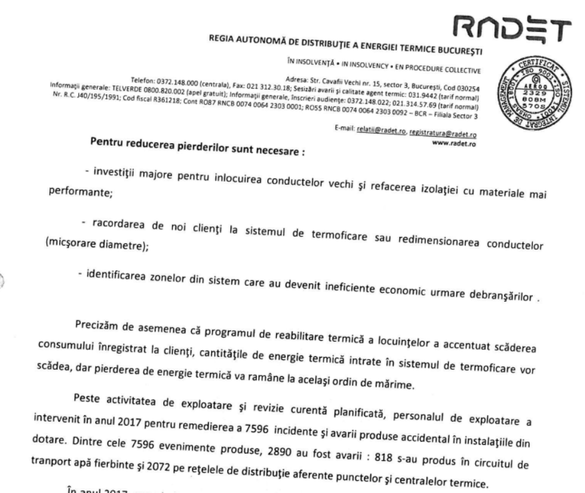 DOCUMENT Primăria Capitalei salvează RADET cu încă 80 milioane lei de la buget, după ce Regia și-a 