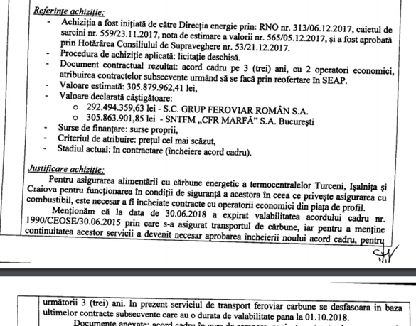 CFR Marfă și Grup Feroviar Român au intrat în finala competiției pentru transportul cărbunelui CE Oltenia, o miză de peste 300 milioane lei, după ce compania feroviară de stat a acuzat fără succes producătorul de energie de favoritism