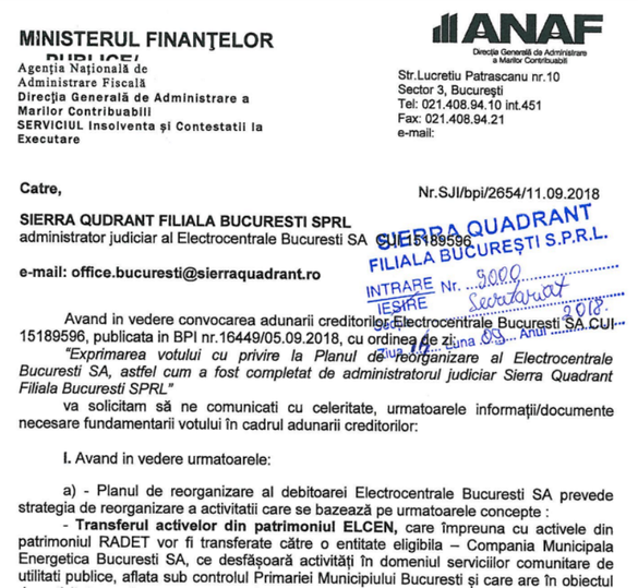 DOCUMENTE ANAF, de care depinde salvarea încălzirii centralizate în București, cere amânarea votului vital pe planul de reorganizare ELCEN, sub spectrul falimentului. Care sunt motivele