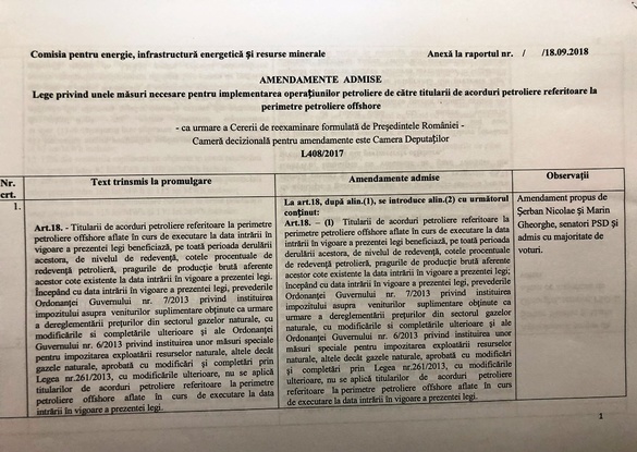 ULTIMA ORĂ DOCUMENT Schimbări de substanță în Legea offshore: nivelul de taxare va fi înghețat pe toată durata exploatărilor, petroliștii își vor putea deduce toate investițiile. Cine s-a semnat pe amendamente UPDATE Documentul a fost aprobat