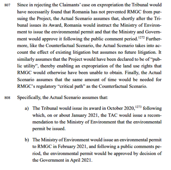 DOCUMENT Apărarea României în procesul Roșia Montană de la Washington, scenariu teoretic: Dacă Guvernul își dă acordul, RMGC ar putea începe proiectul minier în 2022