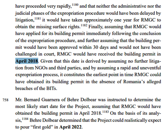 DOCUMENT Apărarea României în procesul Roșia Montană de la Washington, scenariu teoretic: Dacă Guvernul își dă acordul, RMGC ar putea începe proiectul minier în 2022