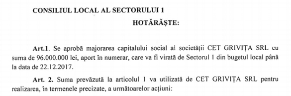 Cum a pitit Primăria Sectorului 1 aproape 100 milioane lei de Guvern într-o majorare de capital la CET Grivița pentru o investiție în producția de energie din deșeuri, rambursată ulterior la bugetul local