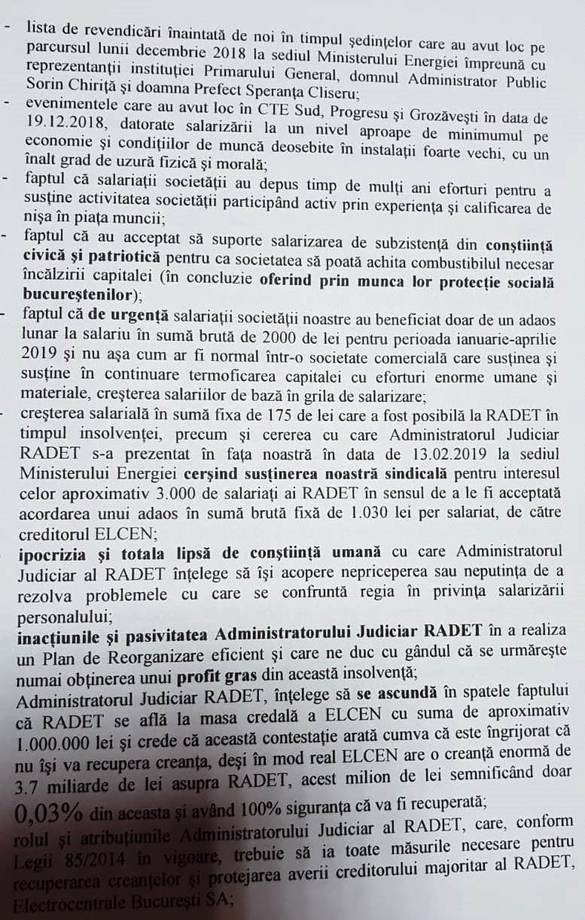 EXCLUSIV DOCUMENT Sindicatul ELCEN cere retragerea procesului RADET împotriva majorării salariilor în companie, sugerând și posibilitatea opririi activității. Replica RADET