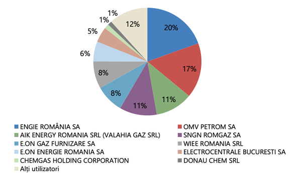Ponderea principalilor utilizatori ai SNT în semestrul I 2020 (Sursa: Trasngaz)