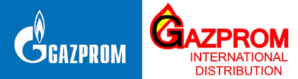 Logo-ul PJSC Gazprom (stânga) vs. logo-ul Gazprom International Distribution SRL (dreapta). Surse foto: Wikipedia, OSIM