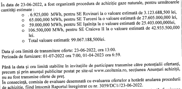 DOCUMENT Criza gazelor naturale: Complexul Energetic Oltenia este alimentat de luni de zile în regim de ultimă instanță, nereușind să încheie contracte concurențiale. Preț uriaș