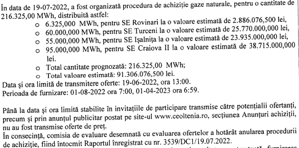 DOCUMENT Criza gazelor naturale: Complexul Energetic Oltenia este alimentat de luni de zile în regim de ultimă instanță, nereușind să încheie contracte concurențiale. Preț uriaș