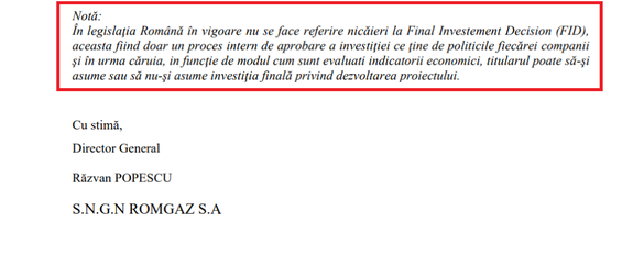 DOCUMENT Romgaz susține că OMV Petrom a depus declarație de comercialitate pentru Neptun Deep fără studiu de evaluare. În legislație nu există ″decizie finală de investiție″