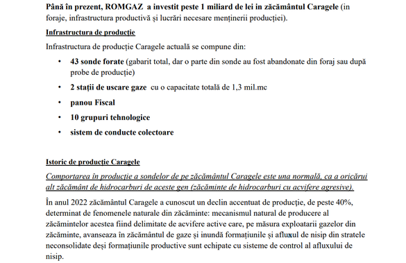 DOCUMENT Romgaz: Producția de gaze de la Caragele a scăzut puternic, zăcăminte inundate de apă și nisip