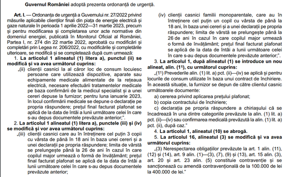 DOCUMENT Românii cu aparate medicale electrice, familiile cu cel puțin 3 copii și cele monoparentale vor avea cel mai mic preț plafonat la energie și dacă stau cu chirie