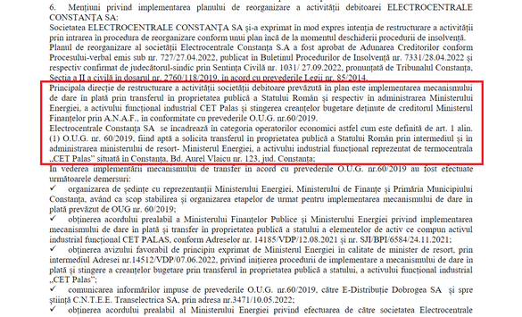 DOCUMENT Termocentrala Paroșeni și CET Palas din Constanța sunt gata să fie dată în plată