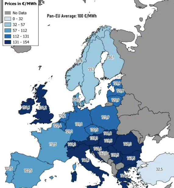 Prețul mediu al energiei tranzacționate în statele europene în primul semestru Prețul mediu al energiei tranzacționate în statele europene în primul semestru
