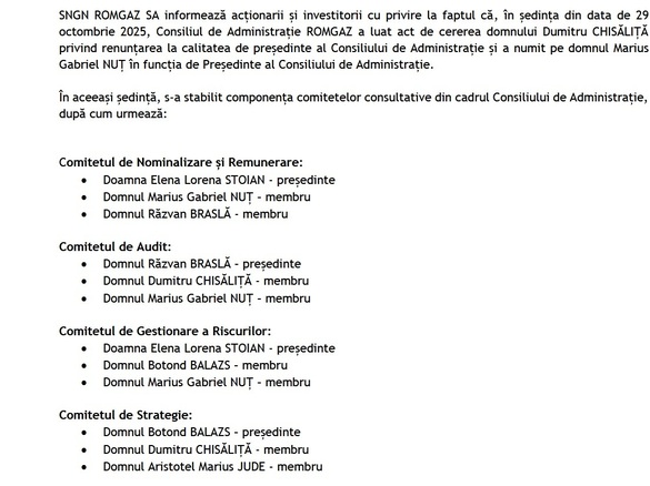 ULTIMA ORĂ Președintele CA al Romgaz a demisionat
