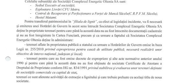 DOCUMENT Complexul Energetic Oltenia pregătește transferul pe o firmă separată al termocentralelor pe cărbune și carierelor de lignit ce vor fi închise