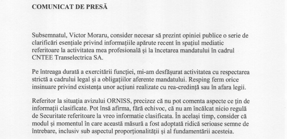 Top manager la operatorul sistemului energetic național, îndepărtat prin ridicarea accesului la informații clasificate. UPDATE Precizările acestuia