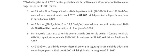 DOCUMENT Hidroelectrica bugetează optimist pentru 2026: Profit în creștere, plus semnificativ la producție și vânzări, majorare amplă a investițiilor