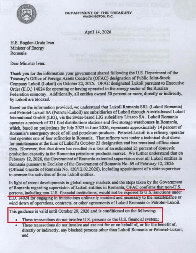 ANALIZĂ DOCUMENTE Administrația Trump către România, despre sancțiunile contra rafinăriei Petrotel a Lukoil: Compania nu are acces la sistemul financiar al SUA