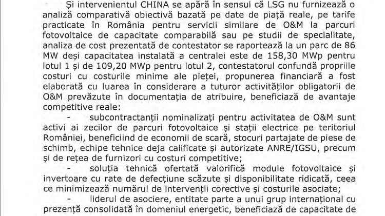 DOCUMENT Chinezi reclamați în România ca suspect de ieftini. Oferta cu care constructorul unei părți din A0 a câștigat licitația fotovoltaică din Oltenia - reevaluată