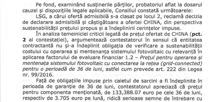 DOCUMENT Chinezi reclamați în România ca suspect de ieftini. Oferta cu care constructorul unei părți din A0 a câștigat licitația fotovoltaică din Oltenia - reevaluată