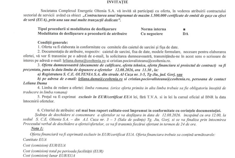 EXCLUSIV DOCUMENT CE Oltenia a primit oferte să împrumute certificate CO2. Vrea pe datorie până la 1,5 milioane de bucăți, de 120 milioane euro - CONFIRMARE