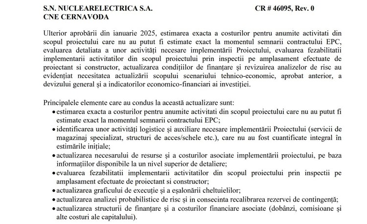 DOCUMENTE Centrala nucleară Cernavodă: SNN actualizează a doua oară studiul de fezabilitate al retehnologizării reactorului 1, pentru re-estimarea costurilor proiectului