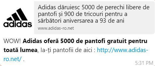 FOTO Atenționare - înșelătorie pe Whatsapp cu vouchere de cumpărături la magazinele Lidl și Adidas din România