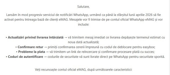 FOTO Clienții eMAG vor primi notificări pe WhatsApp, direct pe numărul de telefon asociat contului