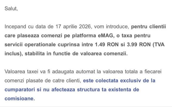 eMAG aplică de mâine o taxă pentru fiecare comandă: Decizia vine ca urmare a investițiilor din ultimii ani pentru îmbunătățirea experienței de cumpărare și a infrastructurii tehnice, într-un context macroeconomic marcat de volatilitate