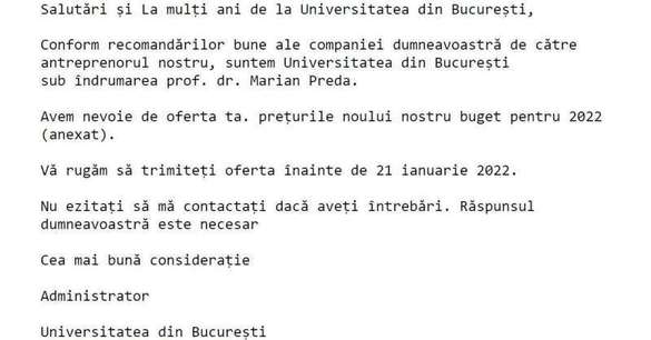 FOTO Campanie de răspândire de malware prin e-mail în care se folosește identitatea Universității București