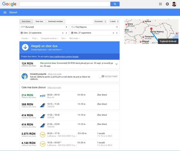 Google Flights găsește bilete ieftine de avion și pentru România