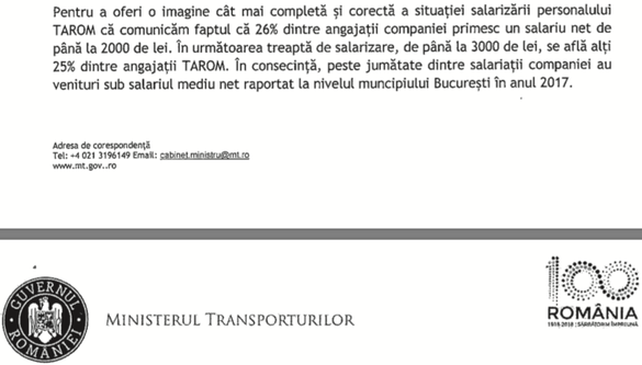 DOCUMENT Directorul Tarom încasează lunar până la 5.500 euro. Un sfert din angajați primesc salarii sub 2.000 lei, iar alt sfert - sub 3.000 lei