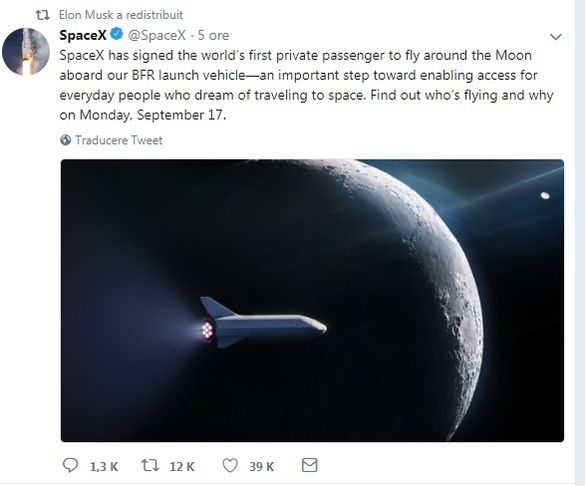SpaceX anunță primul pasager privat care va zbura în jurul Lunii